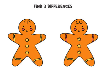 Find 3 differences between two cartoon gingerbread cookies.