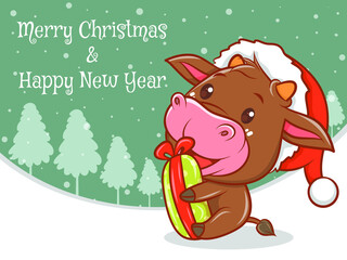 cute cow cartoon character with merry Christmas and happy new year greeting banner.