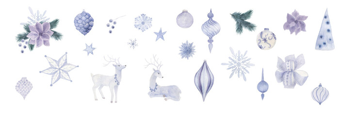 Fototapeta premium Watercolor painting set of christmas decoration, blue deer, snowflake, fir tree, bow