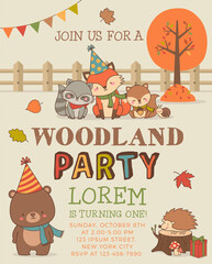 Cute woodland animals illustration for greeting or invitation card template.