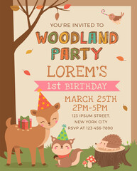 Cute woodland animals illustration with autumn scene for party invitation card template.