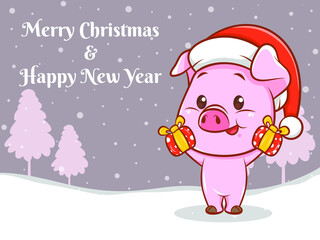 cute pig cartoon character with merry christmas and happy new year greeting banner