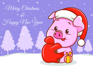 cute pig cartoon character with merry christmas and happy new year greeting banner