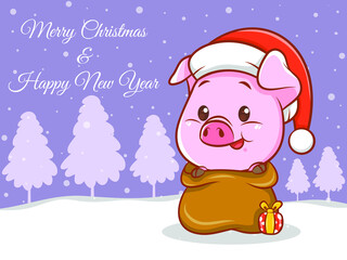 cute pig cartoon character with merry christmas and happy new year greeting banner