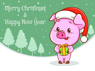 cute pig cartoon character with merry christmas and happy new year greeting banner