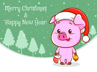 cute pig cartoon character with merry christmas and happy new year greeting banner