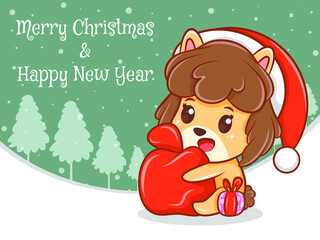 cute puppy cartoon character with merry Christmas and happy new year greeting banner.