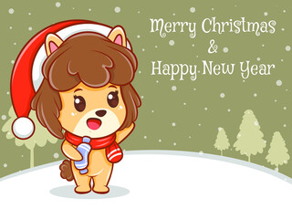 cute puppy cartoon character with merry Christmas and happy new year greeting banner.