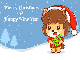 cute puppy cartoon character with merry Christmas and happy new year greeting banner.