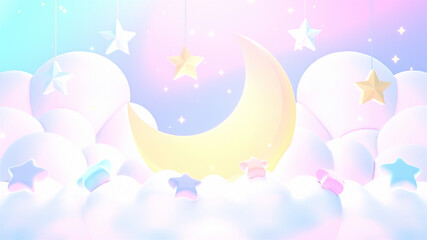 3d rendered pastel sky with yellow crescent moon, hanging stars, and white clouds.