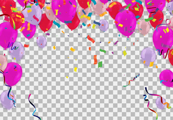 Colorful balloons pink and red with triangular party flags, confetti and paper streamers Place for your text. Design