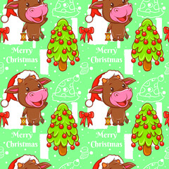 cute cow cartoon character Christmas seamless pattern