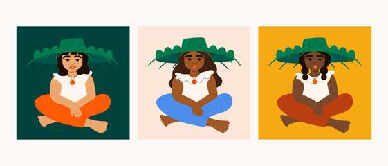 Illustration set of island girls wearing palm frond hat sitting