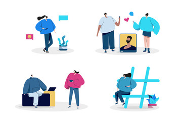 People using social media in different devices, being online and browsing social media flat illustrations