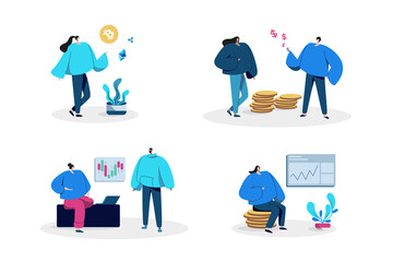 People analysing graphs and making money, cryptocurrency and market flat illustration