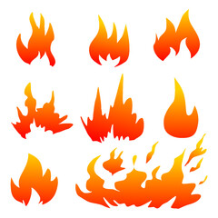 Set of red and orange fire flame. Collection of hot flaming element. Idea of energy and power. Isolated vector illustration in flat style. Fire on a white background. Flame And Fire Symbols.