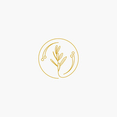 Vector floral hand drawn logo template in elegant and minimal style with gold color on grey background illustration