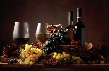 White and red wine with bunches of grapes.