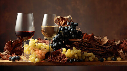 Glasses of white and red wine with bunches of grapes on wooden table.