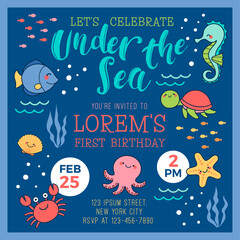 Cute cartoon marine life illustration for greeting, invitation card templateใ