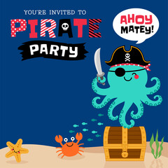 Cute pirate octopus under the sea with copy space for greeting, invitation card template.