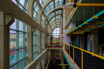 Inside modern building interiour - metal, concrete and glass design.
