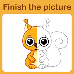 Connect the dot and complete the picture. Simple coloring squirrel. Drawing game for children