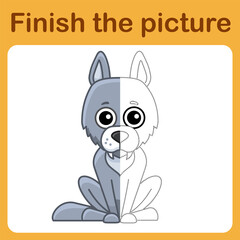 Connect the dot and complete the picture. Simple coloring wolf. Drawing game for children