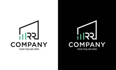 initial letter RR logotype company name in blue and black swoosh design. isolated on a white and black background.