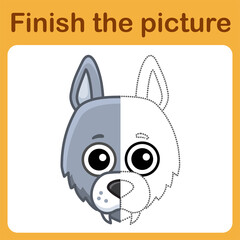Connect the dot and complete the picture. Simple coloring wolf. Drawing game for children