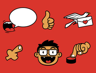 Set Of icon for content creator, like, comment, share, pointer, happy face expression, push button switch with hand, best for icon, element, and logo for blog or video blog content