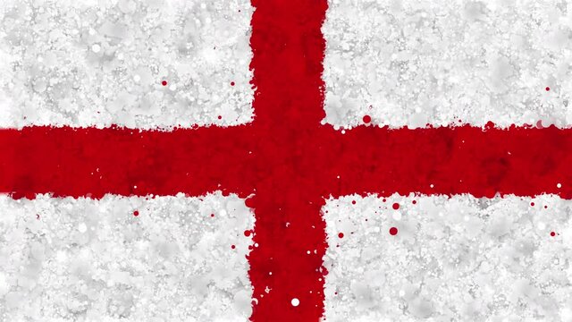 Colorful animation of the flag of England, gradually emerging from a moving swirling cloud consisting of many colorful small particles. The particles rotate to form the national flag of England.