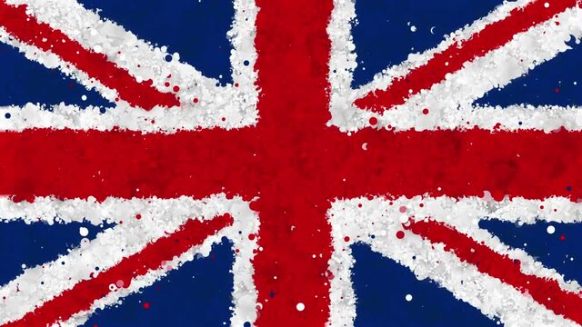 Colorful animation of the flag of Great Britain, gradually emerging from a moving swirling cloud consisting of many colorful small particles. The particles rotate to form the flag of Great Britain.