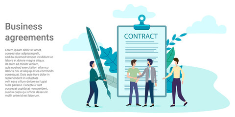 Business agreements.A handshake, businessmen conclude a contract.Poster in business style.Vector illustration.