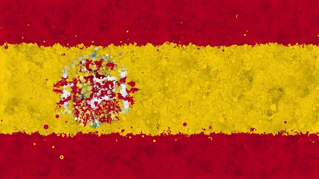Colorful animation of the flag of Spain, gradually emerging from a moving swirling cloud consisting of many colorful small particles. The particles rotate, forming the national flag of Spain.