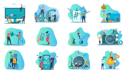 Time management,sale,teamwork,deadline,web development.A set of flat icons vector illustration on the topic of business and technology.