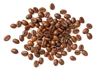roasted coffee beans isolated on white background, top view