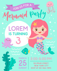 Cute mermaid and sea life cartoon for party invitation card template.