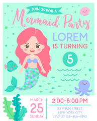 Cute mermaid and marine life illustration for birthday party card template