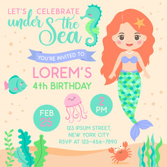 Cute mermaid and marine life illustration for birthday party invitation card template.