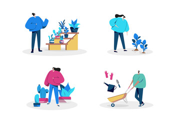 People gardening with different plants, planting and gardening tools flat illustrations