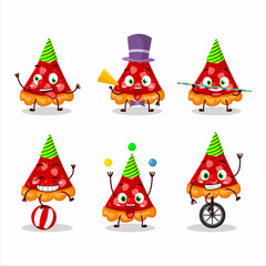 Cartoon character of slice of strawberry tart with various circus shows