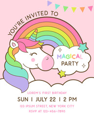 Cute unicorn illustration with rainbow background for birthday party card template.