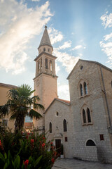 Belfry of Saint John Church symbol of Budva. Church Saint John, with images and icons of Venetian one of most famous churches in Budva. Budva, Montenegro, Europe.