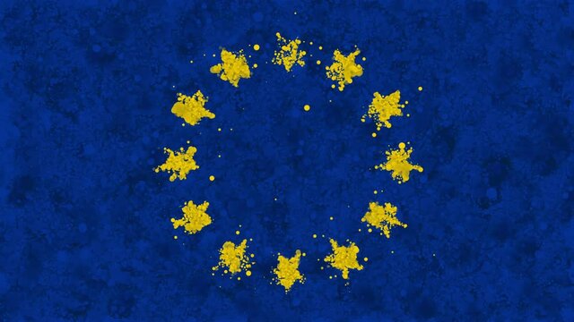 Animation of the flag of the European Union, gradually emerging from a moving swirling cloud consisting of many colorful small particles. The particles rotate to form the flag of the European Union.