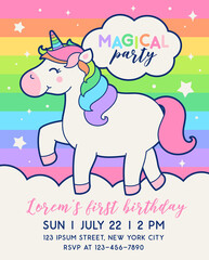 Fototapeta premium Cute unicorn illustration with rainbow stripes background for birthday party invitation card template. 