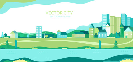 Vector poster with nature and city views.Suburban houses with skyscrapers and trees. Vector city.	