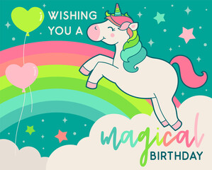 Cute unicorn illustration with rainbow background for birthday greeting card.
