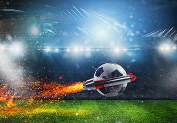 Soccerball in a stadium goes fast attached to a rocket