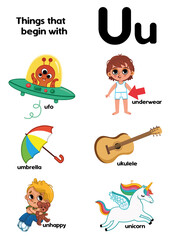 Things that start with the letter U. Educational, vector illustration for children.
